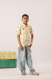 Butter Yellow Floral Embroidered Shirt for Boys