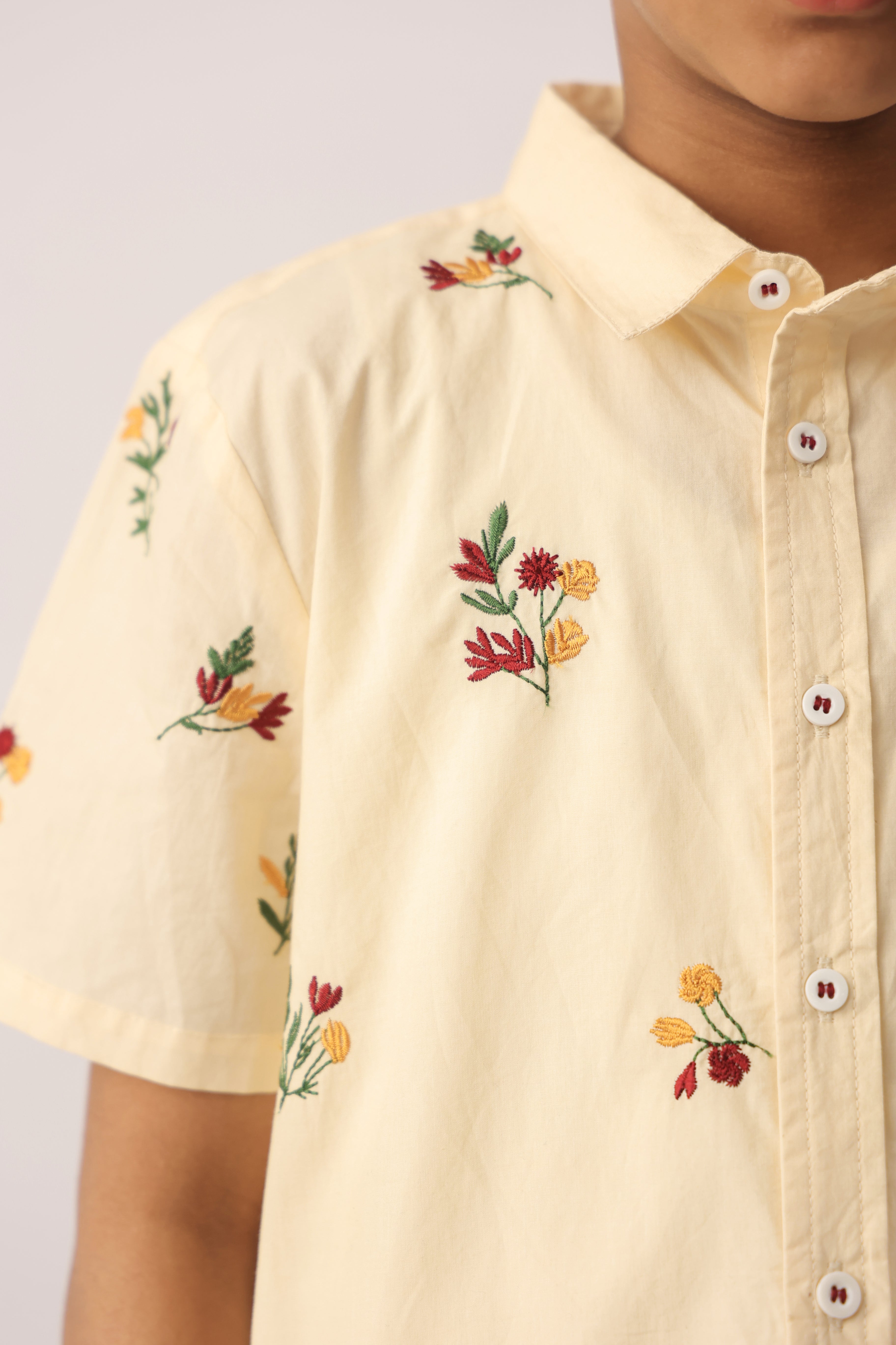 Butter Yellow Floral Embroidered Shirt for Boys