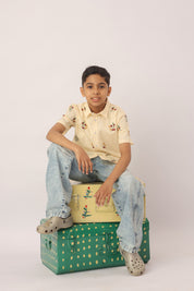 Butter Yellow Floral Embroidered Shirt for Boys