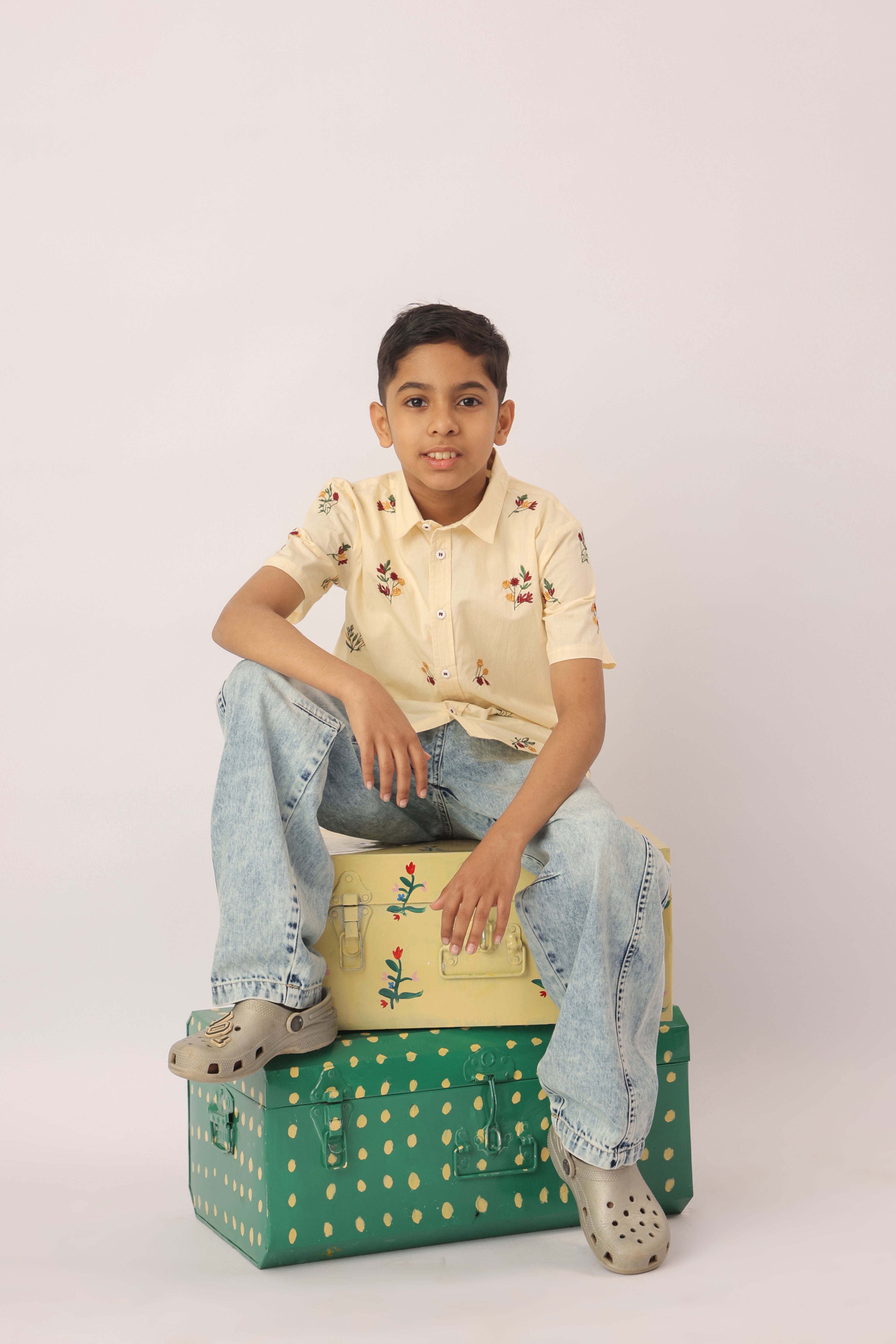 Butter Yellow Floral Embroidered Shirt for Boys