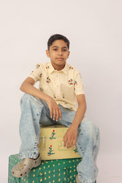 Butter Yellow Floral Embroidered Shirt for Boys