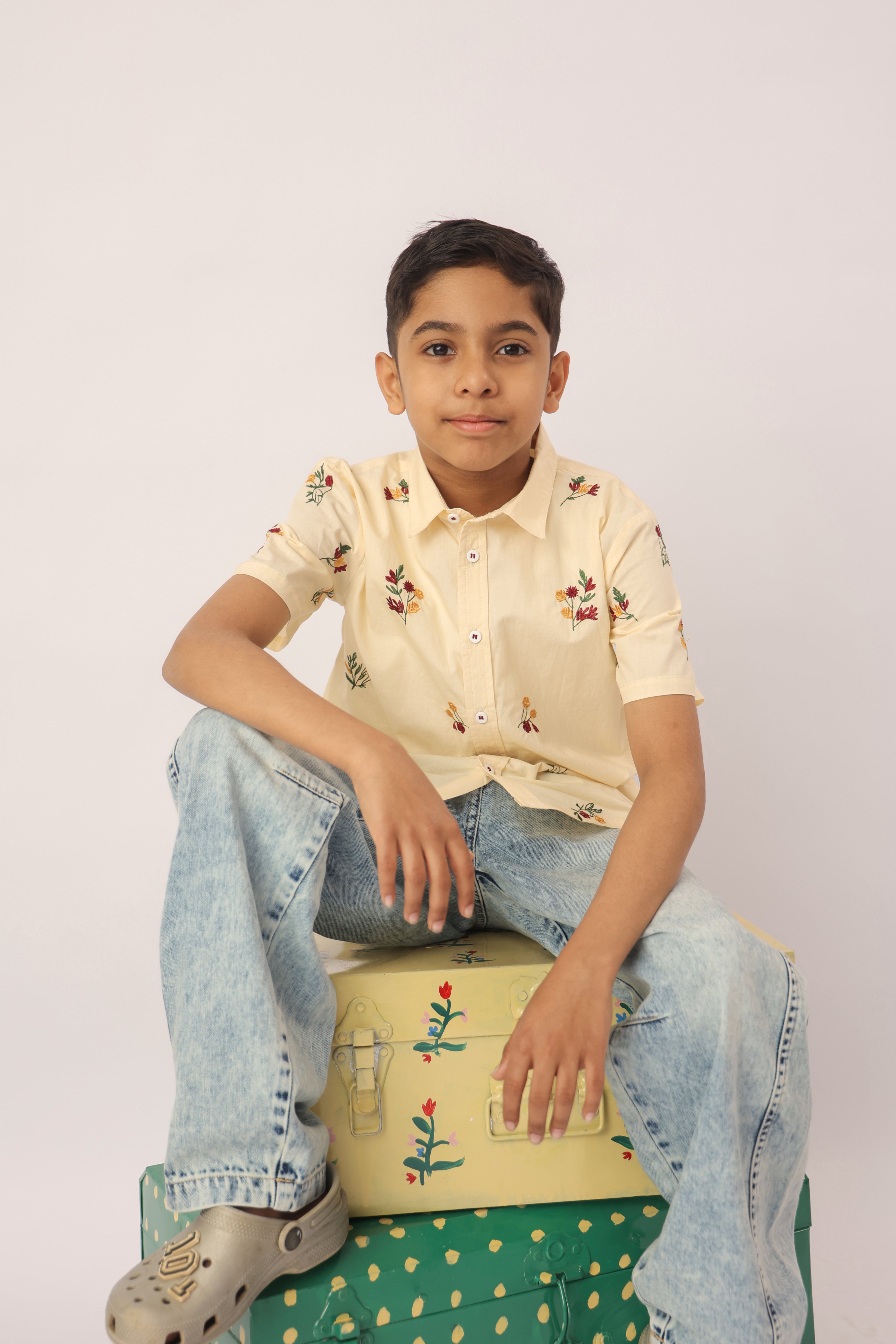 Butter Yellow Floral Embroidered Shirt for Boys