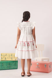 Rosette Embroidered Tiered White Dress for Girls