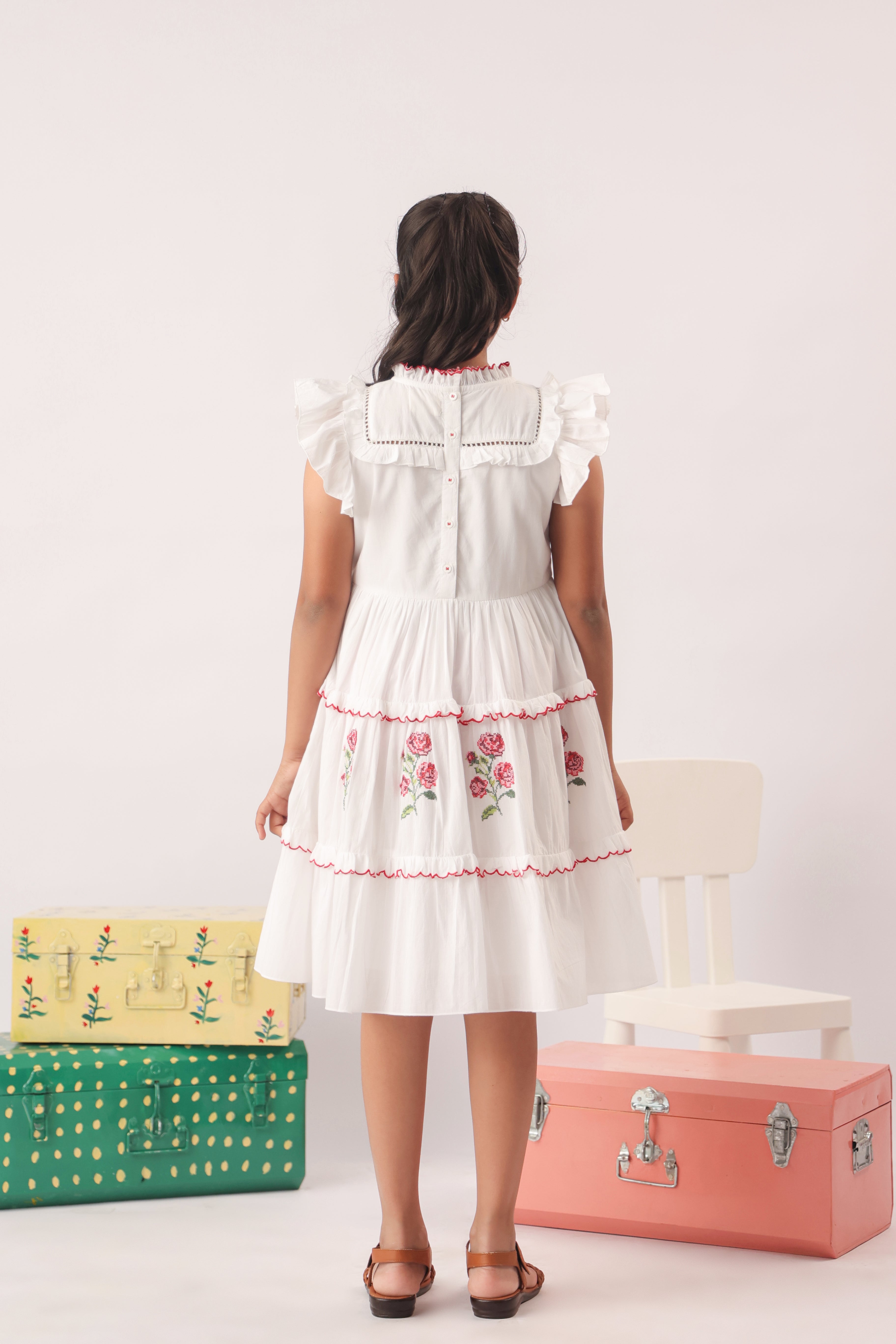 Rosette Embroidered Tiered White Dress for Girls