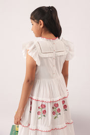 Rosette Embroidered Tiered White Dress for Girls