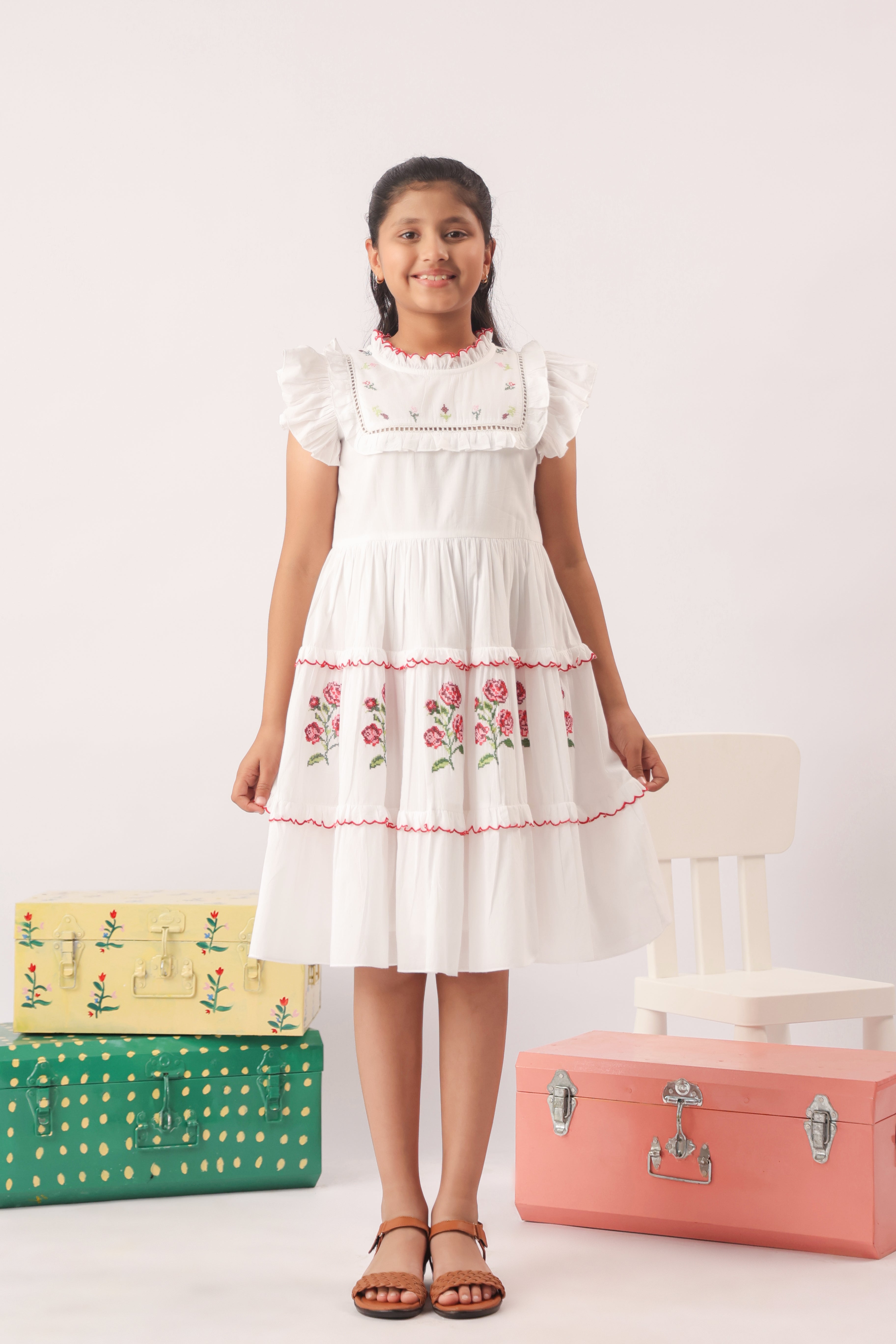 Rosette Embroidered Tiered White Dress for Girls