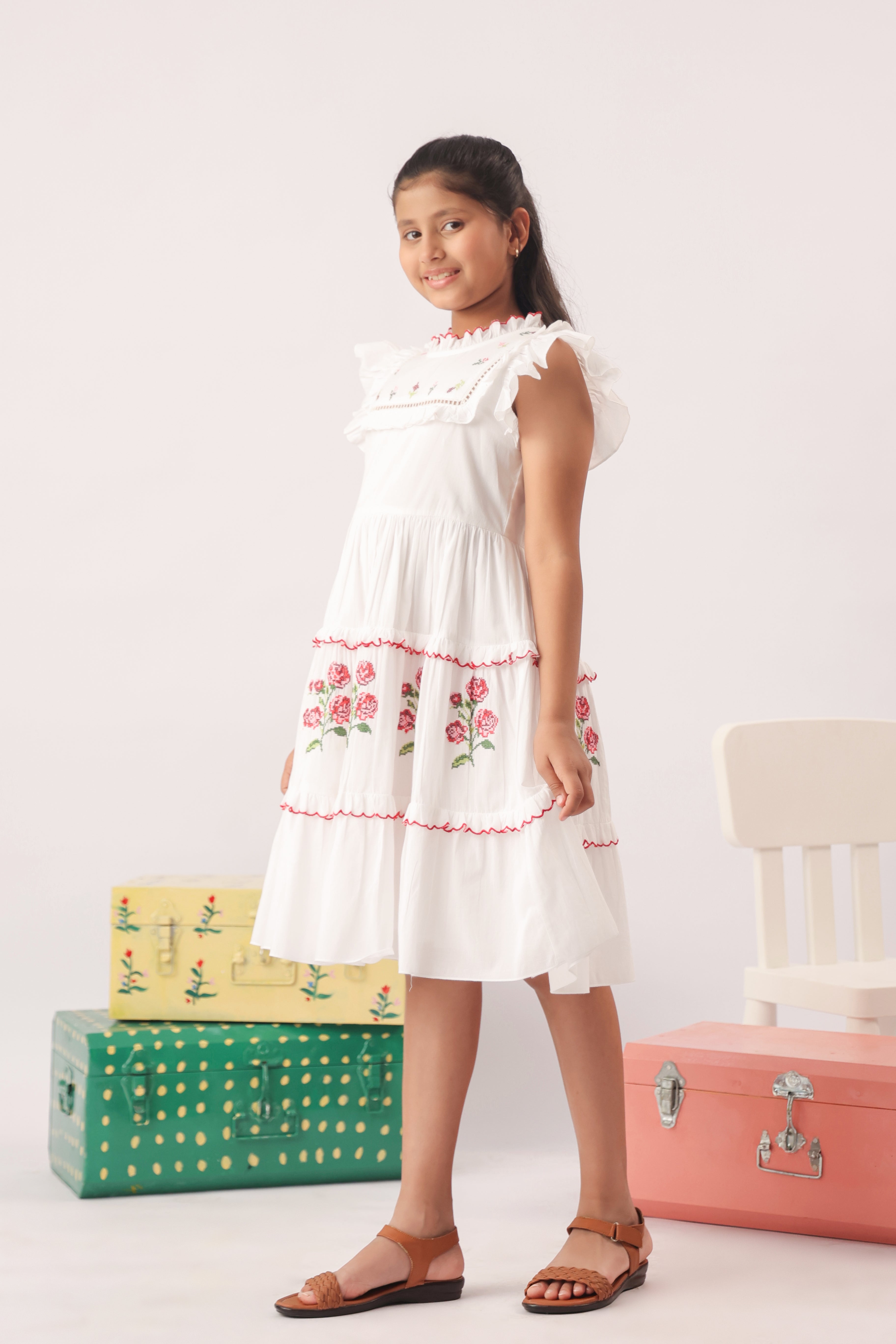 Rosette Embroidered Tiered White Dress for Girls