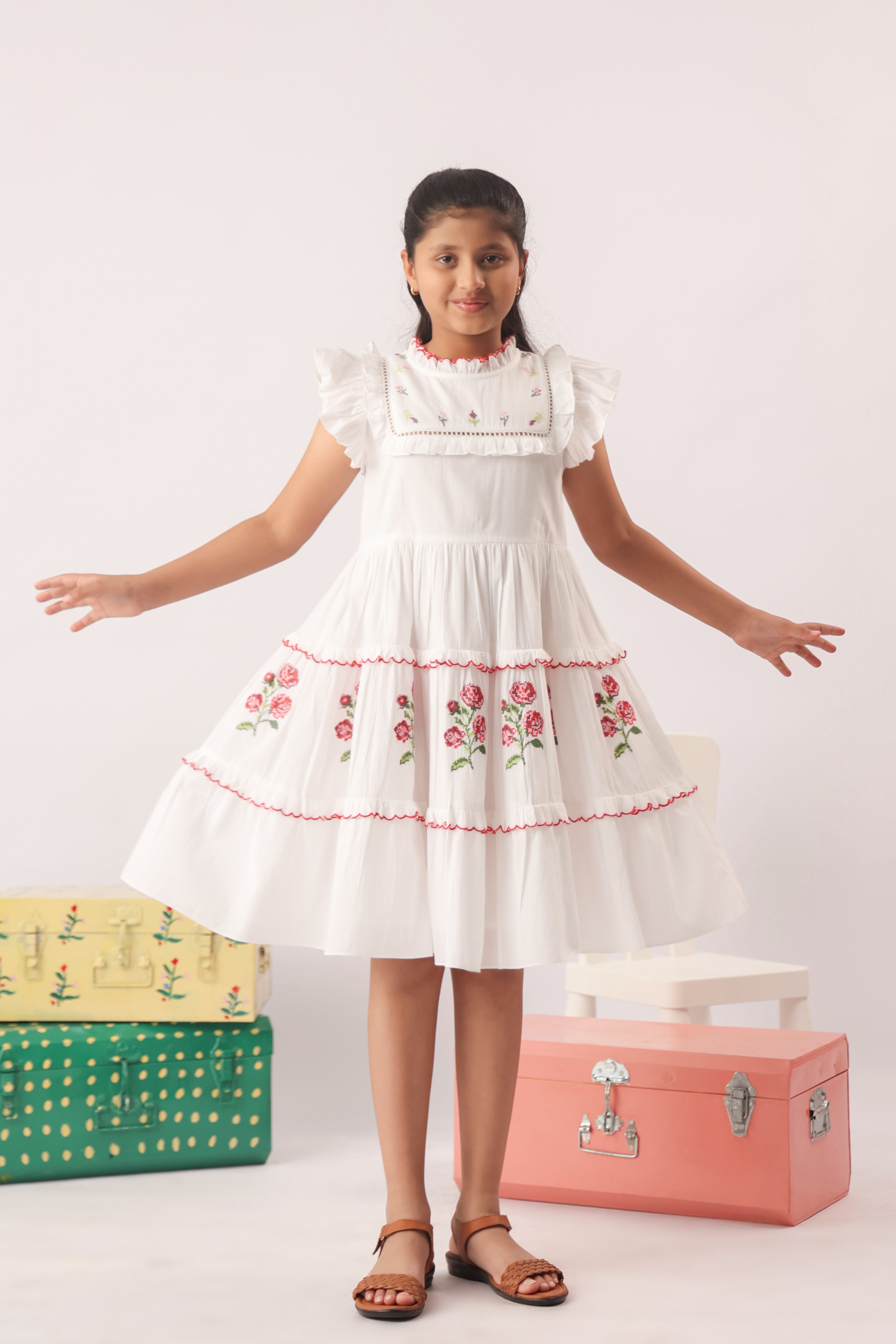 Rosette Embroidered Tiered White Dress for Girls