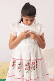 Rosette Embroidered Tiered White Dress for Girls