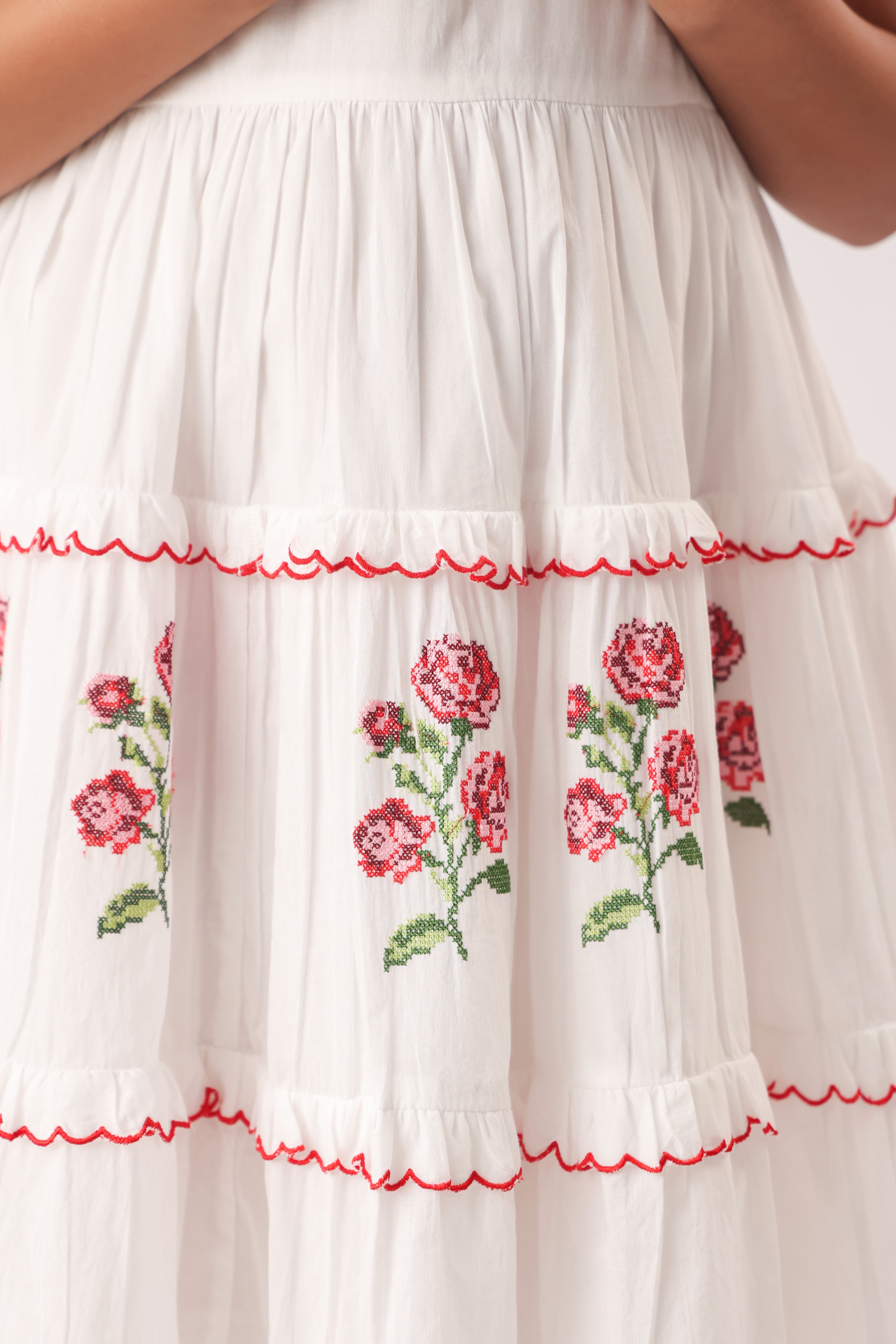 Rosette Embroidered Tiered White Dress for Girls