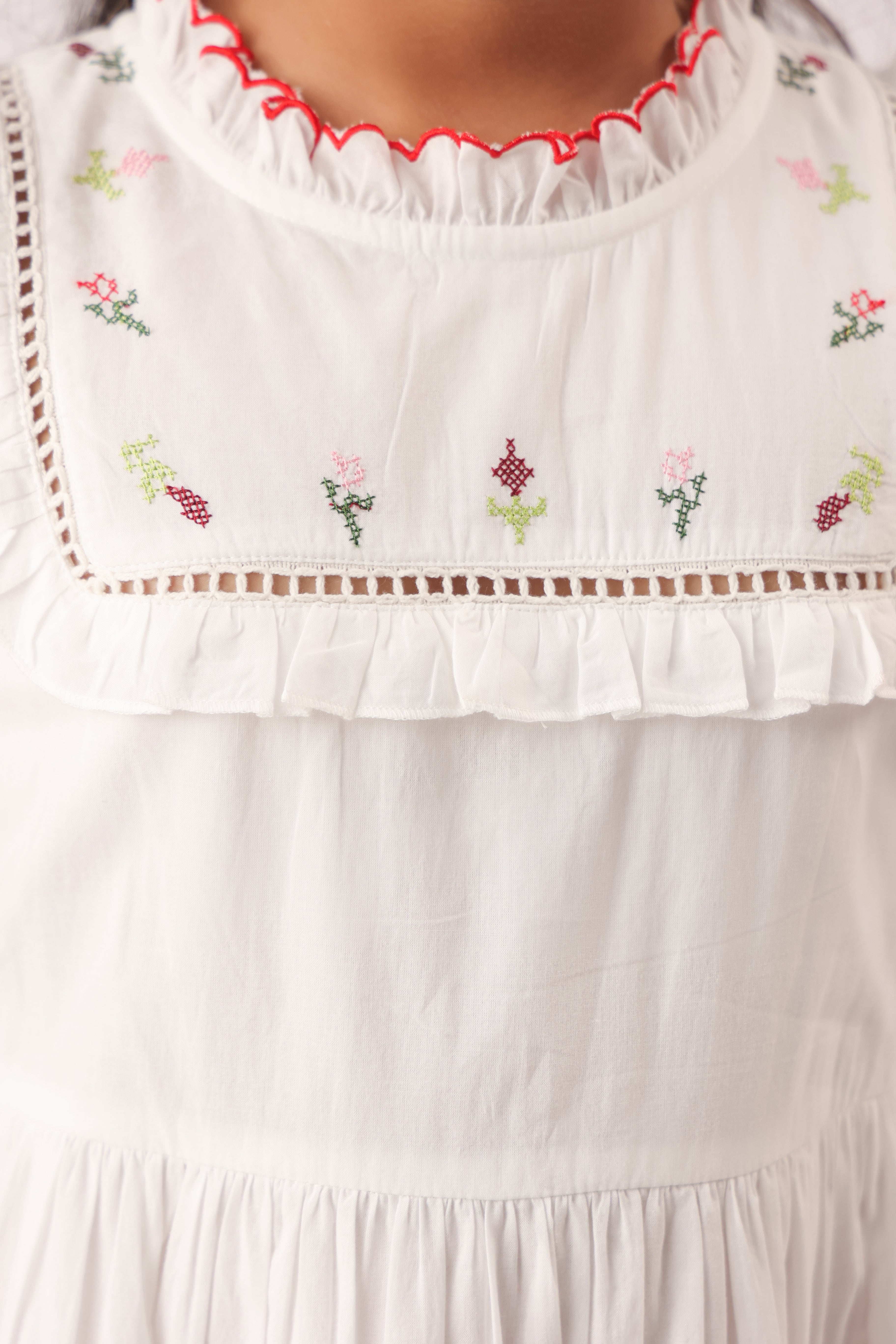 Rosette Embroidered Tiered White Dress for Girls