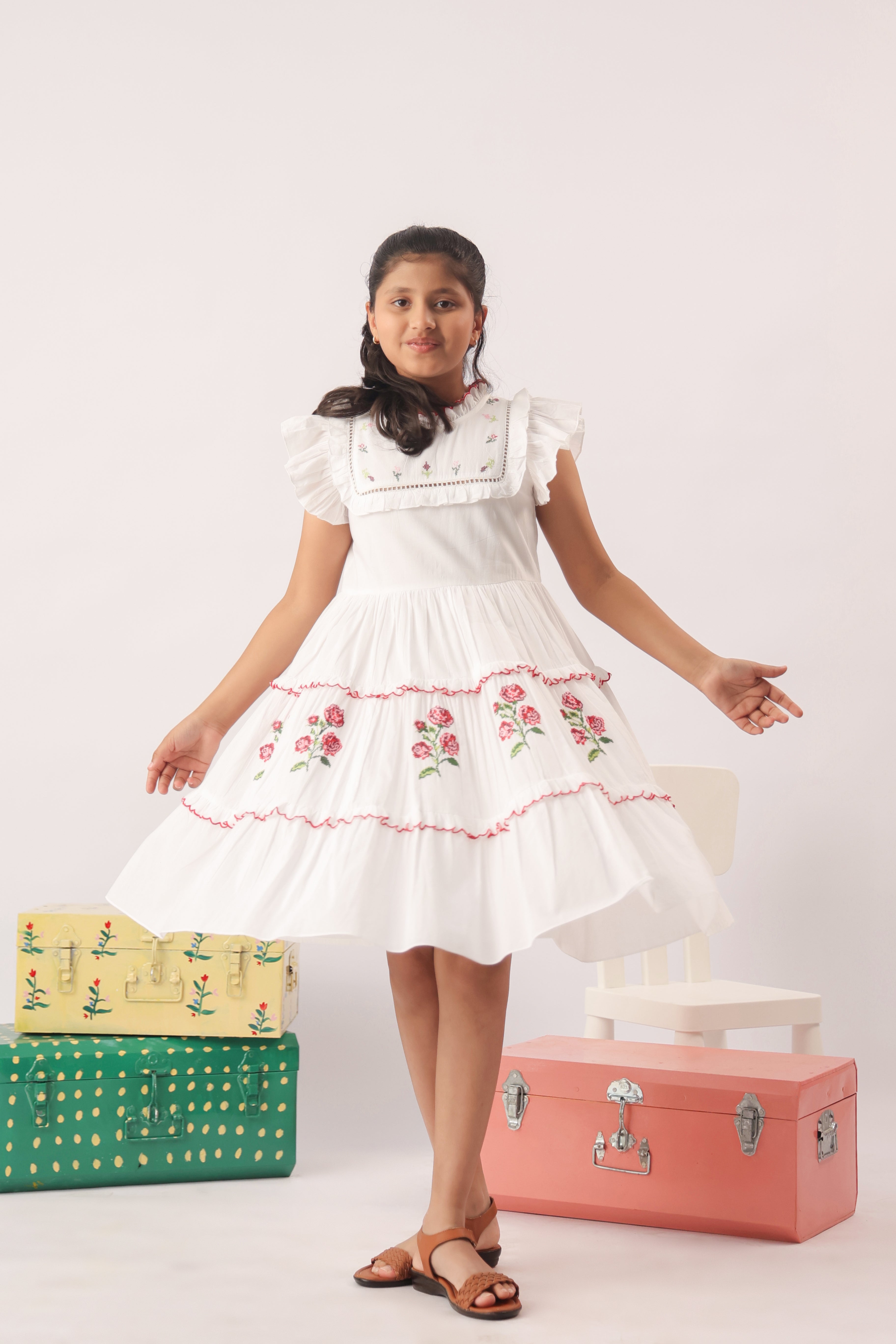 Rosette Embroidered Tiered White Dress for Girls