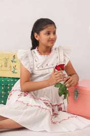 Rosette Embroidered Tiered White Dress for Girls
