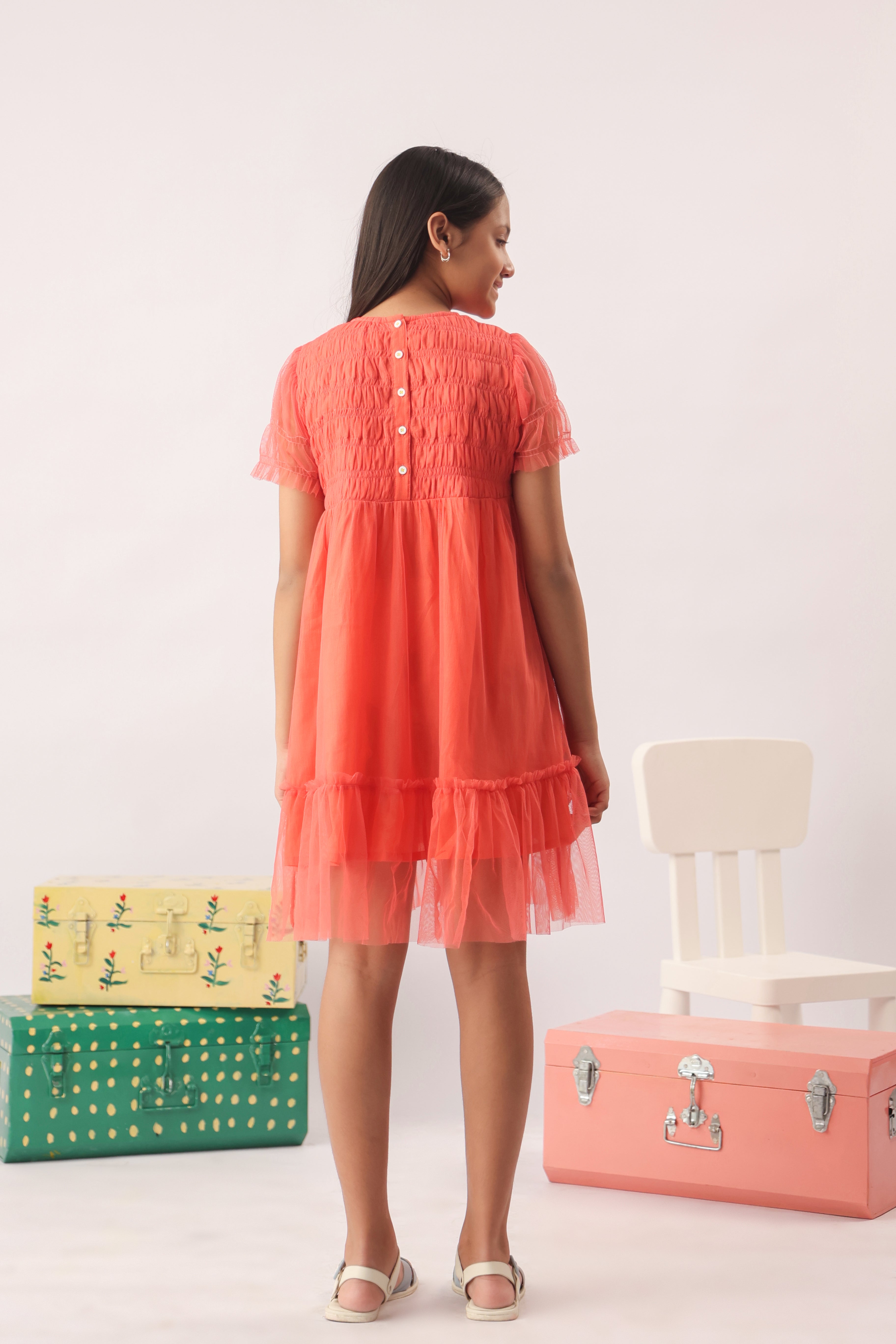 Coral Tulle Smocked Embroidered Dress