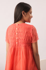 Coral Tulle Smocked Embroidered Dress