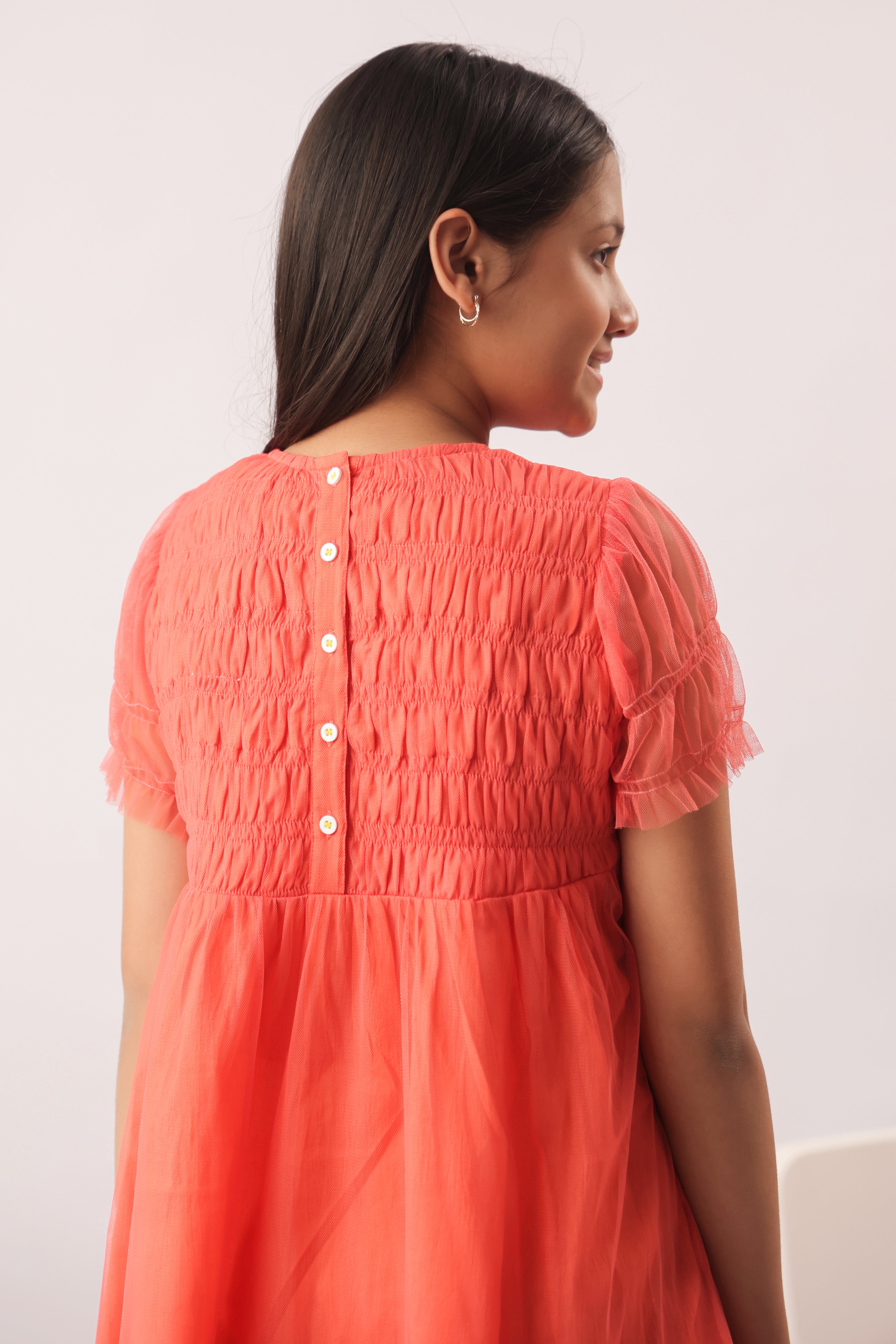 Coral Tulle Smocked Embroidered Dress
