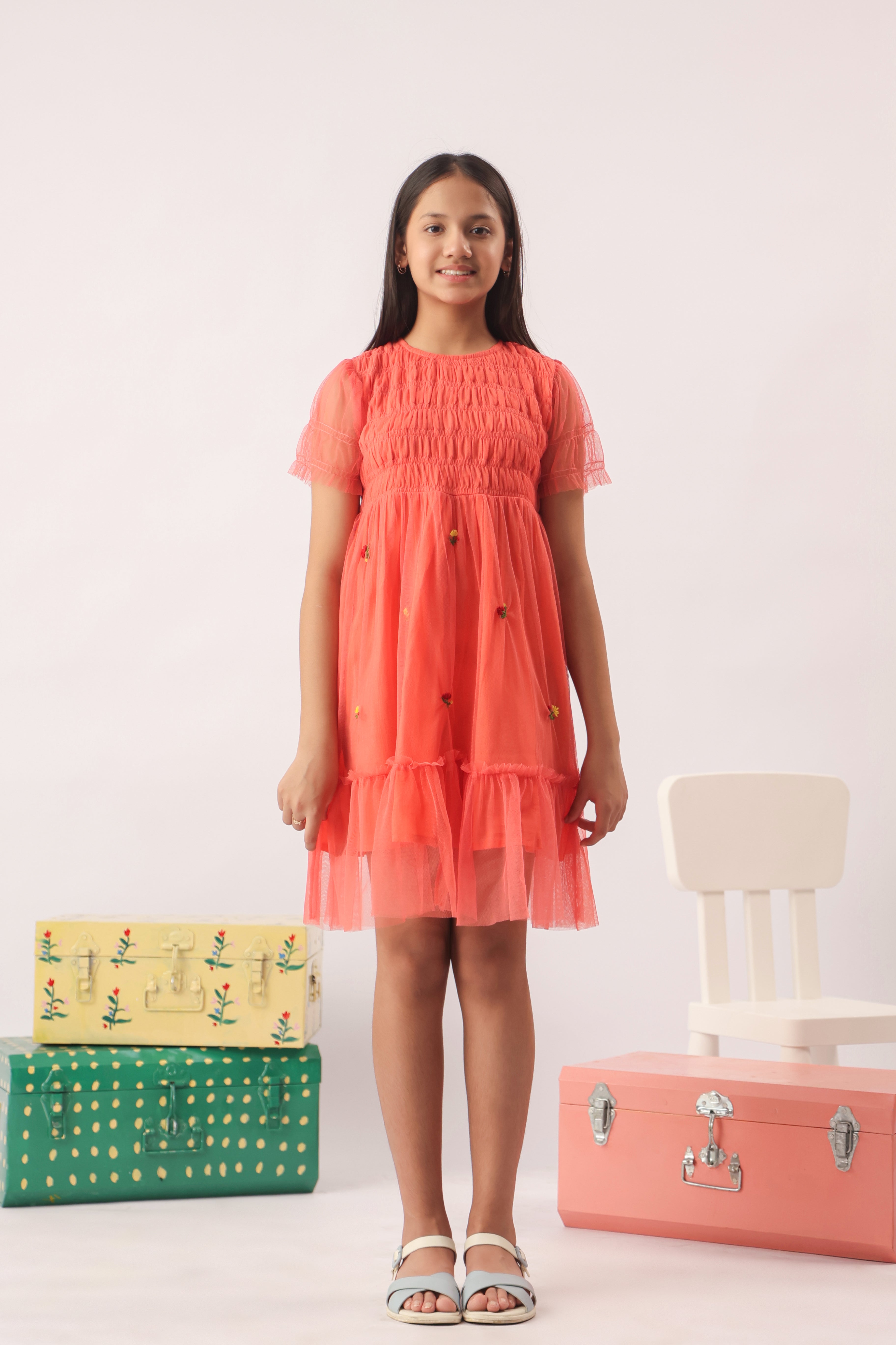 Coral Tulle Smocked Embroidered Dress