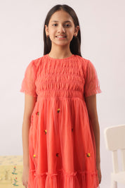 Coral Tulle Smocked Embroidered Dress