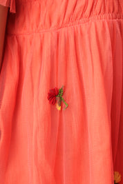 Coral Tulle Smocked Embroidered Dress