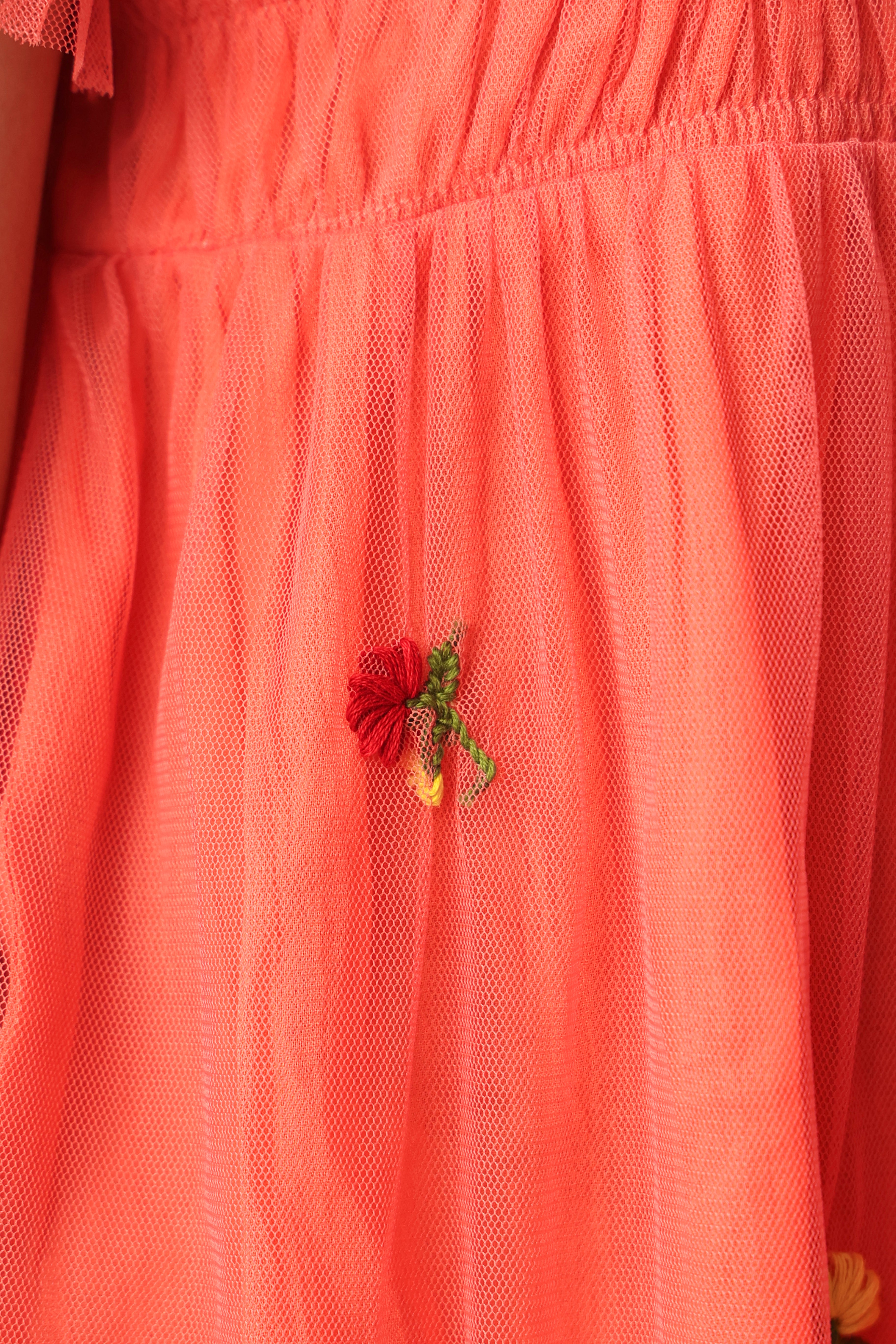 Coral Tulle Smocked Embroidered Dress