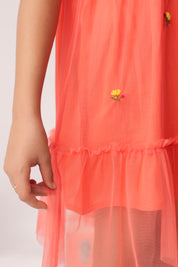 Coral Tulle Smocked Embroidered Dress