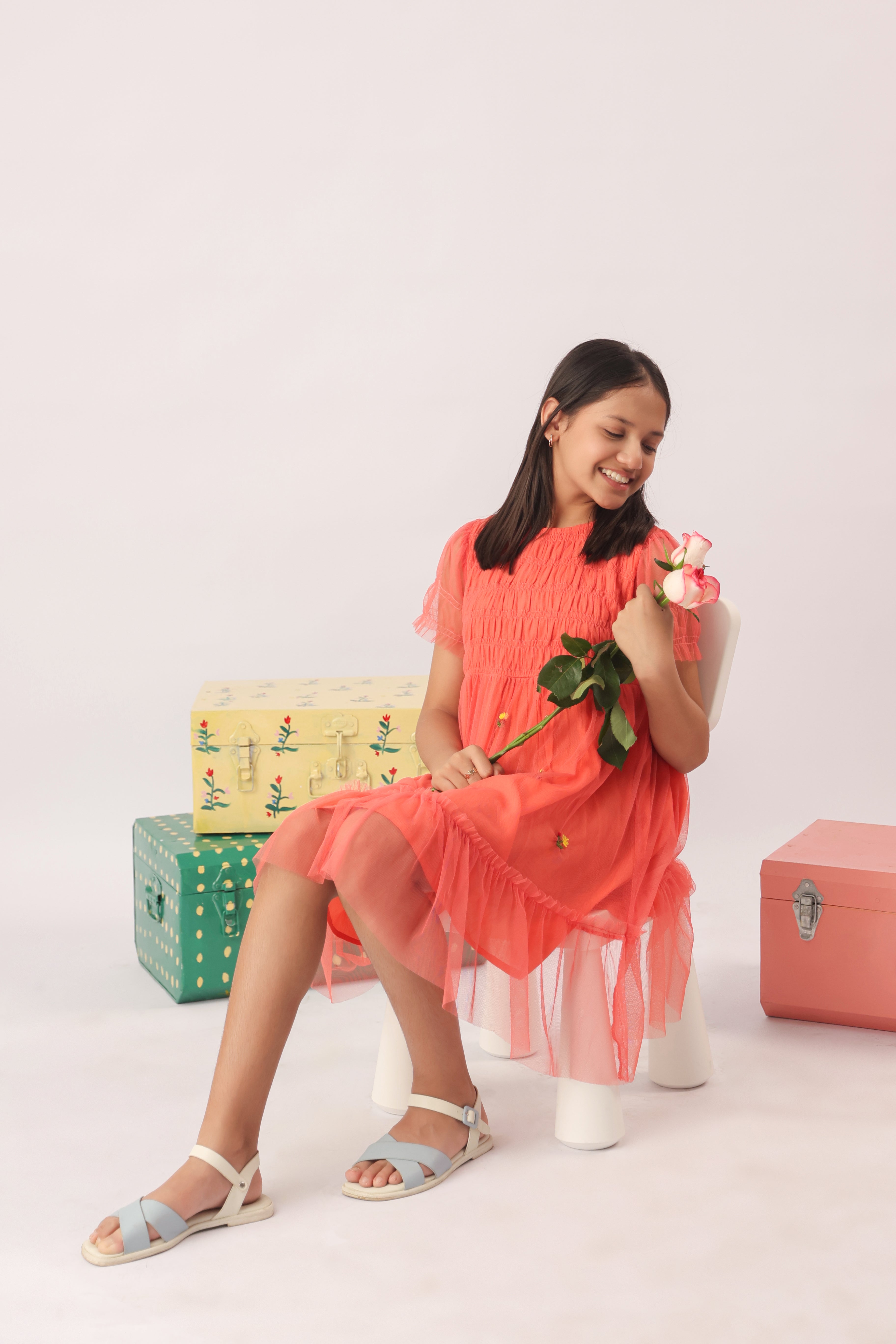 Coral Tulle Smocked Embroidered Dress