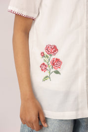 White Cross-Stitch Rose Camp Collar Shirt For Boys
