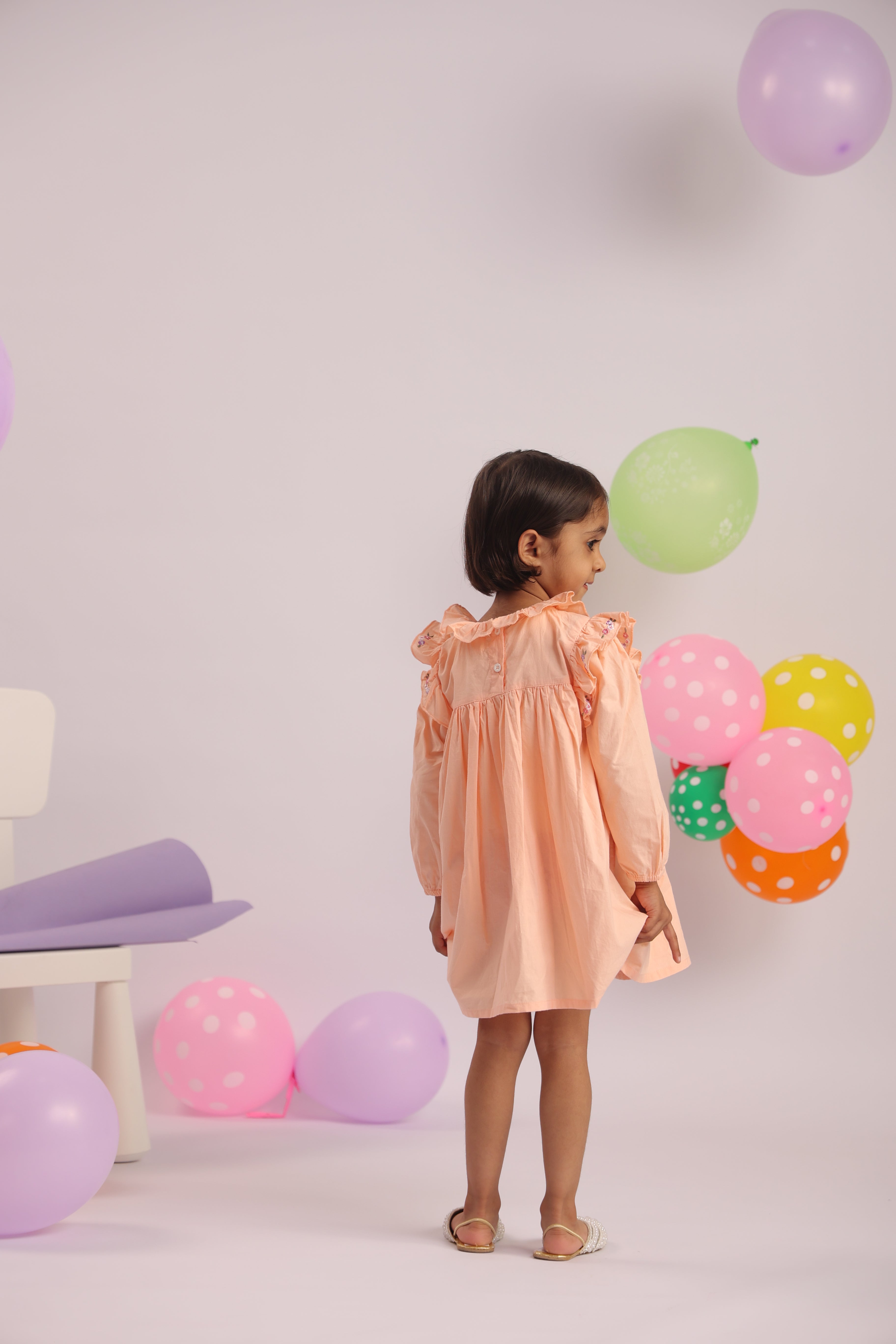 Peach Frill and Embroidery Detail Dress