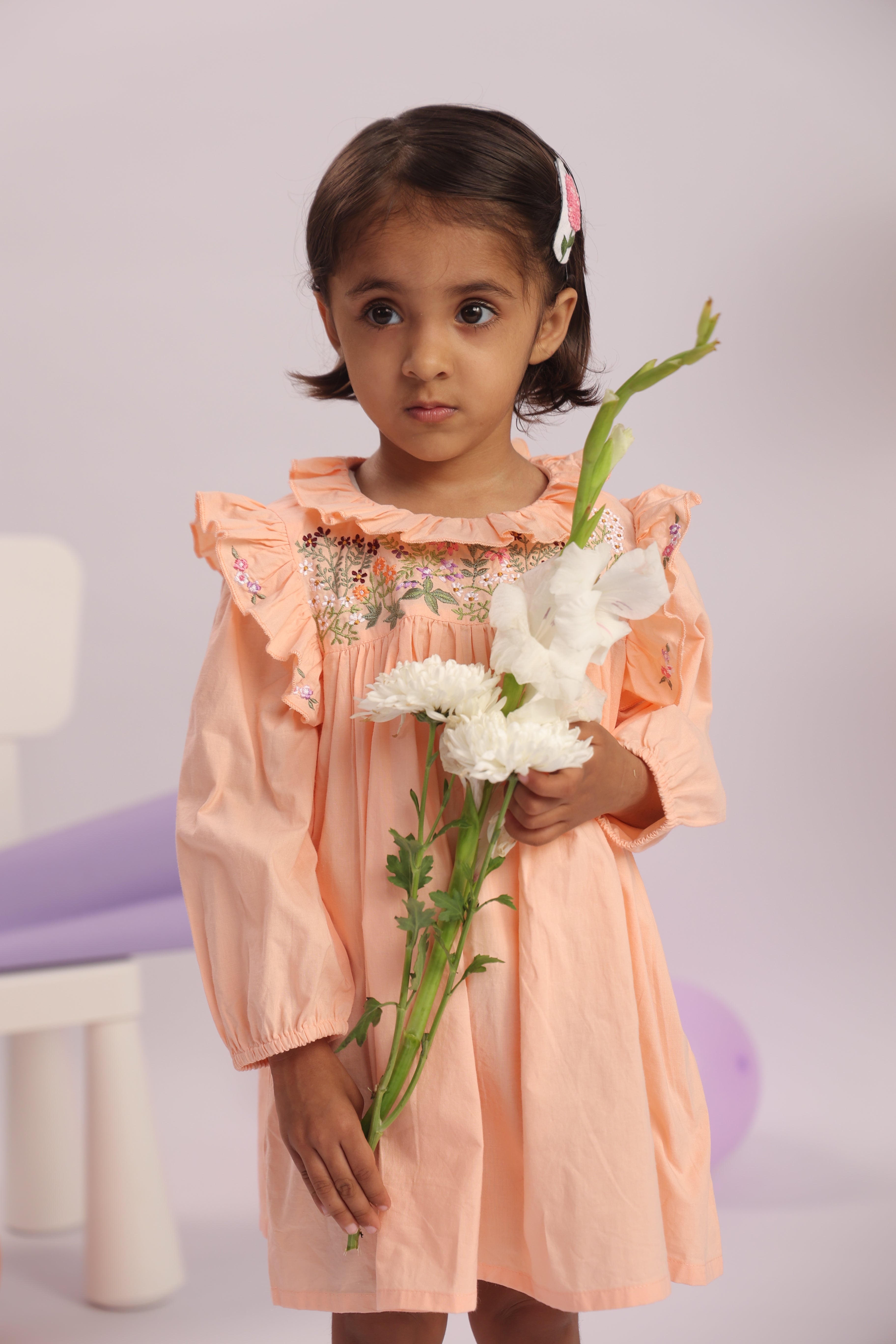Peach Frill and Embroidery Detail Dress