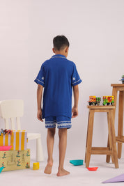Boys Blue Floral Embroidered Cotton Shirt & Shorts Set