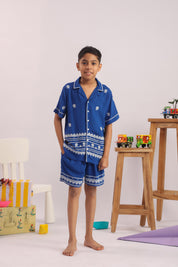 Boys Blue Floral Embroidered Cotton Shirt & Shorts Set