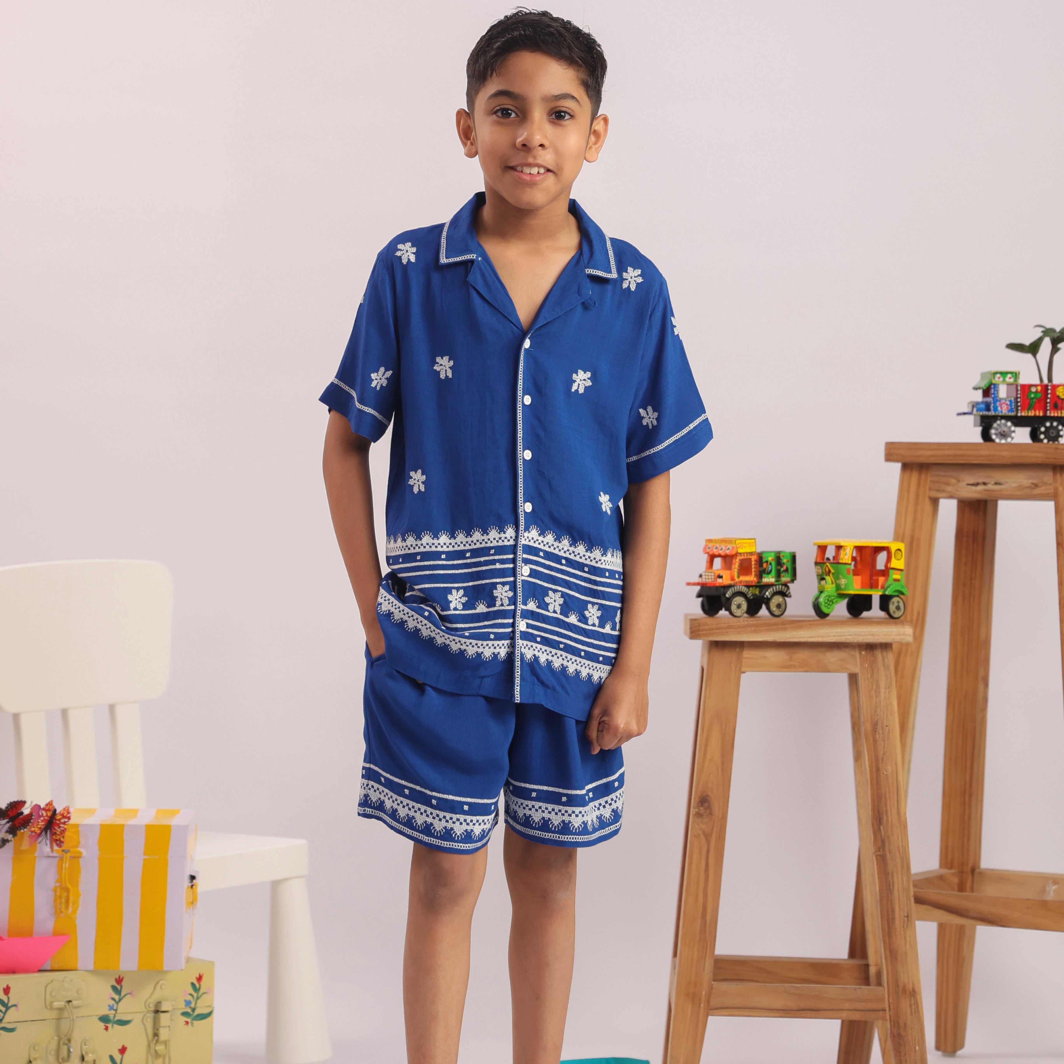 Boys Blue Floral Embroidered Cotton Shirt & Shorts Set - Premium Skin-Friendly Kids Wear India - The Little Trunk