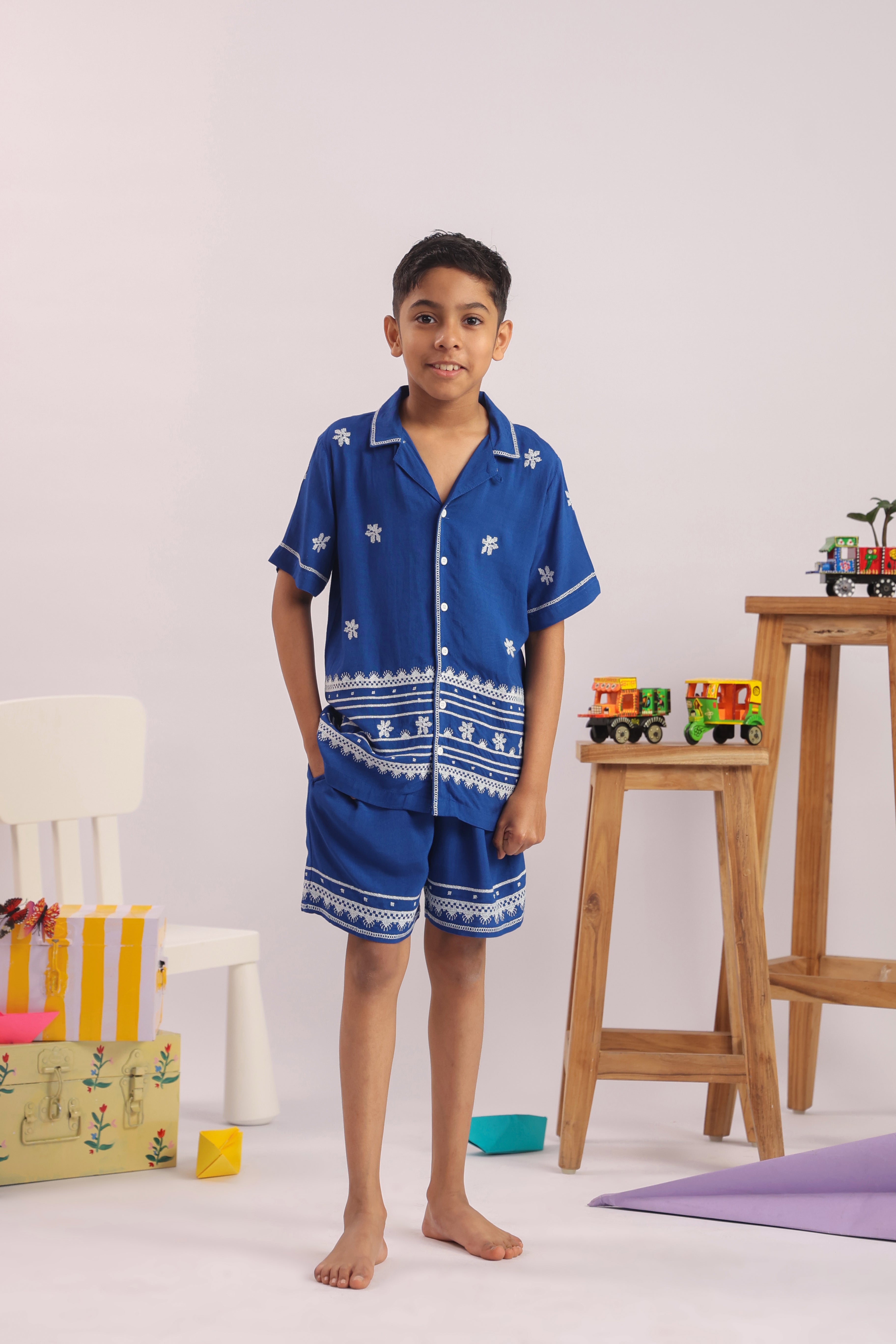Boys Blue Floral Embroidered Cotton Shirt & Shorts Set