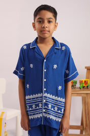 Boys Blue Floral Embroidered Cotton Shirt & Shorts Set