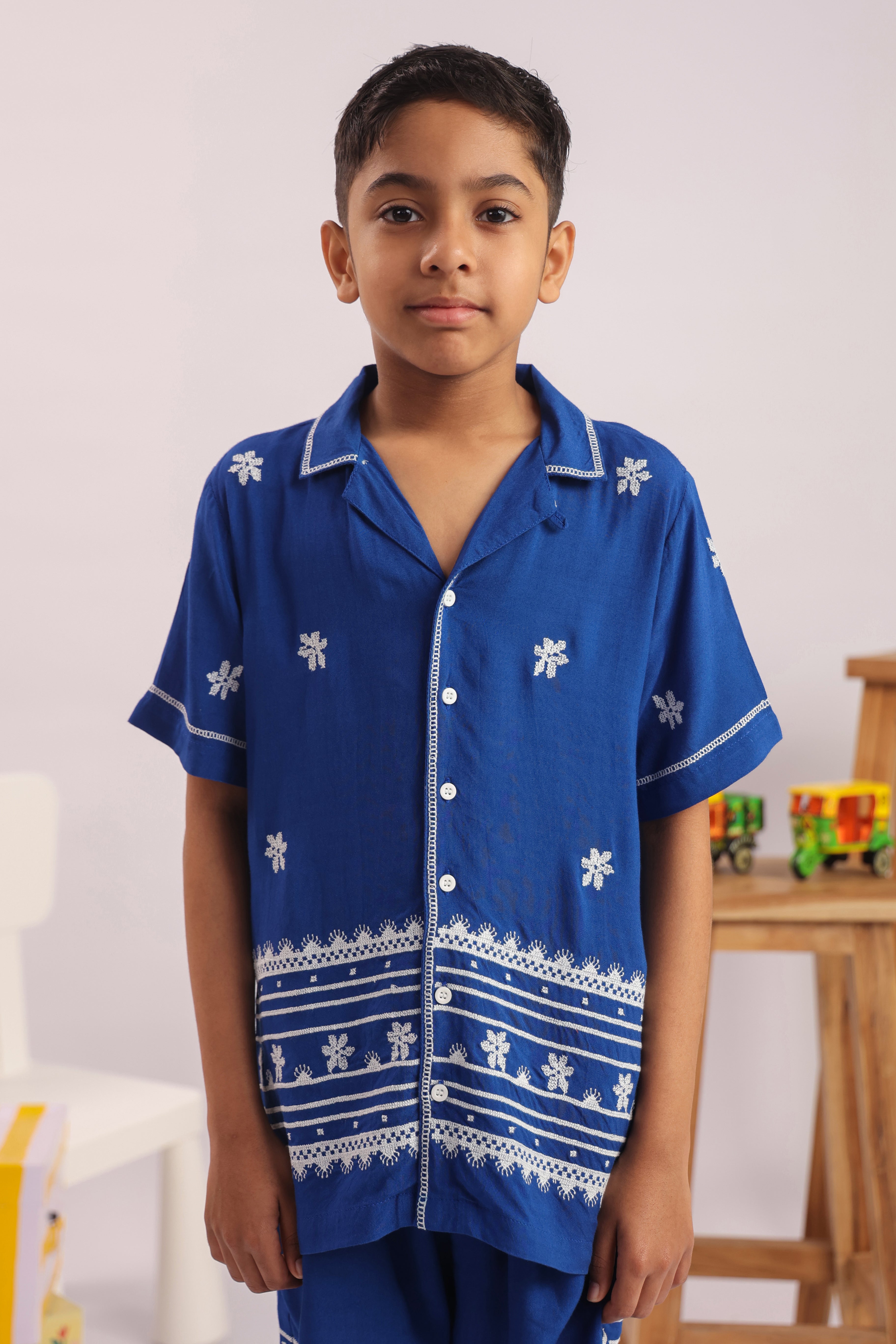 Boys Blue Floral Embroidered Cotton Shirt & Shorts Set