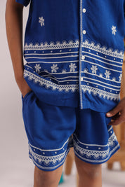 Boys Blue Floral Embroidered Cotton Shirt & Shorts Set