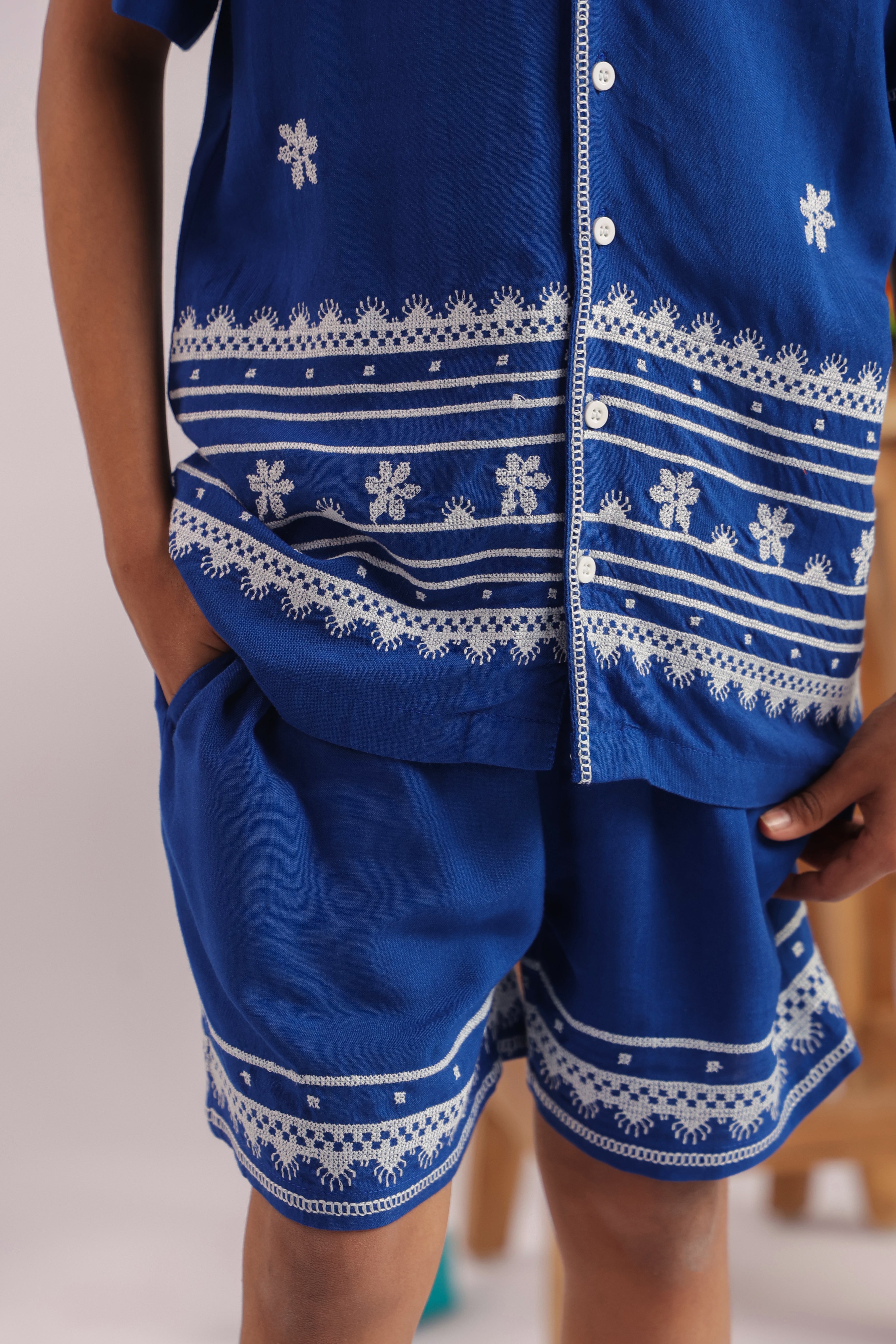 Boys Blue Floral Embroidered Cotton Shirt & Shorts Set