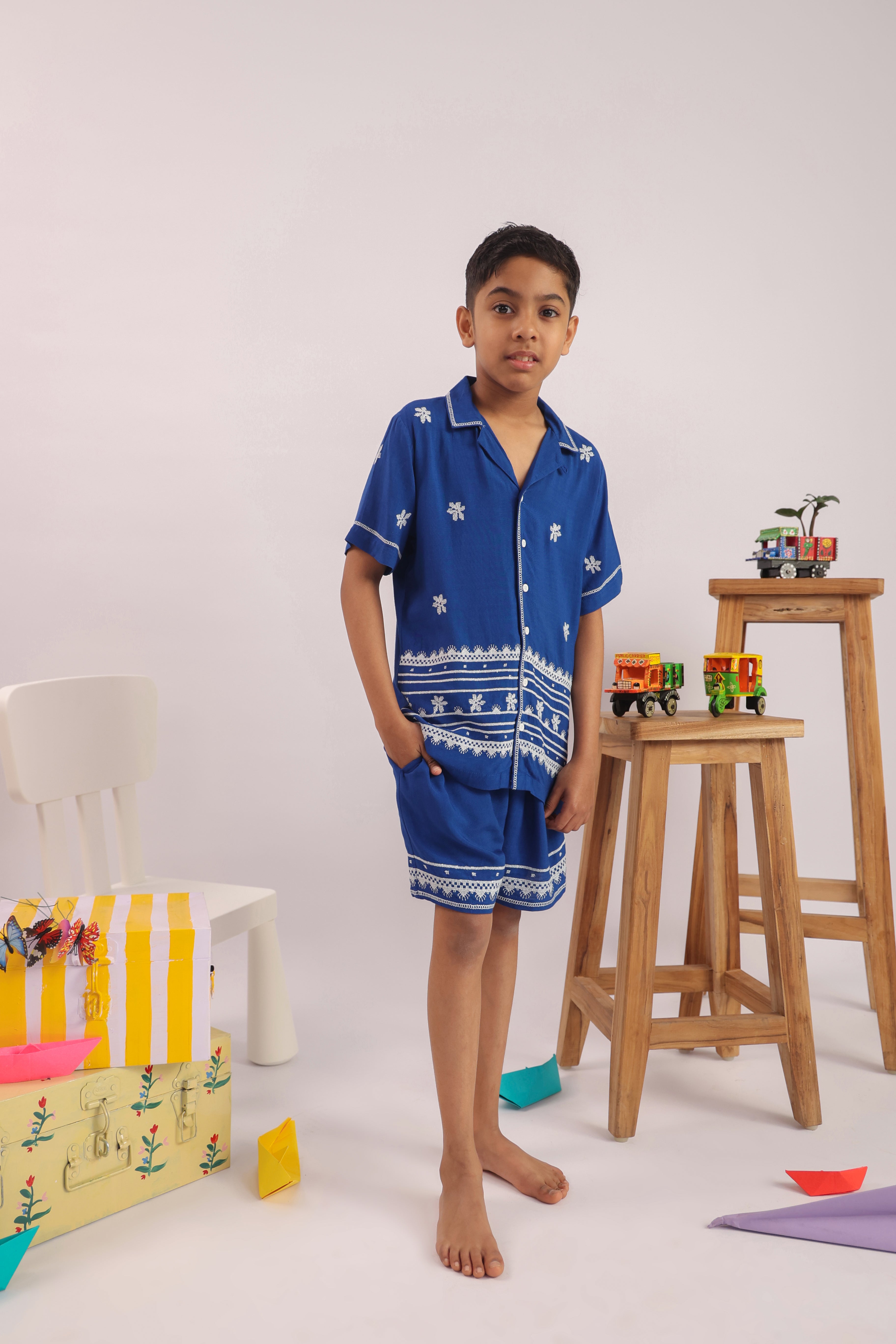 Boys Blue Floral Embroidered Cotton Shirt & Shorts Set