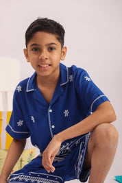 Boys Blue Floral Embroidered Cotton Shirt & Shorts Set