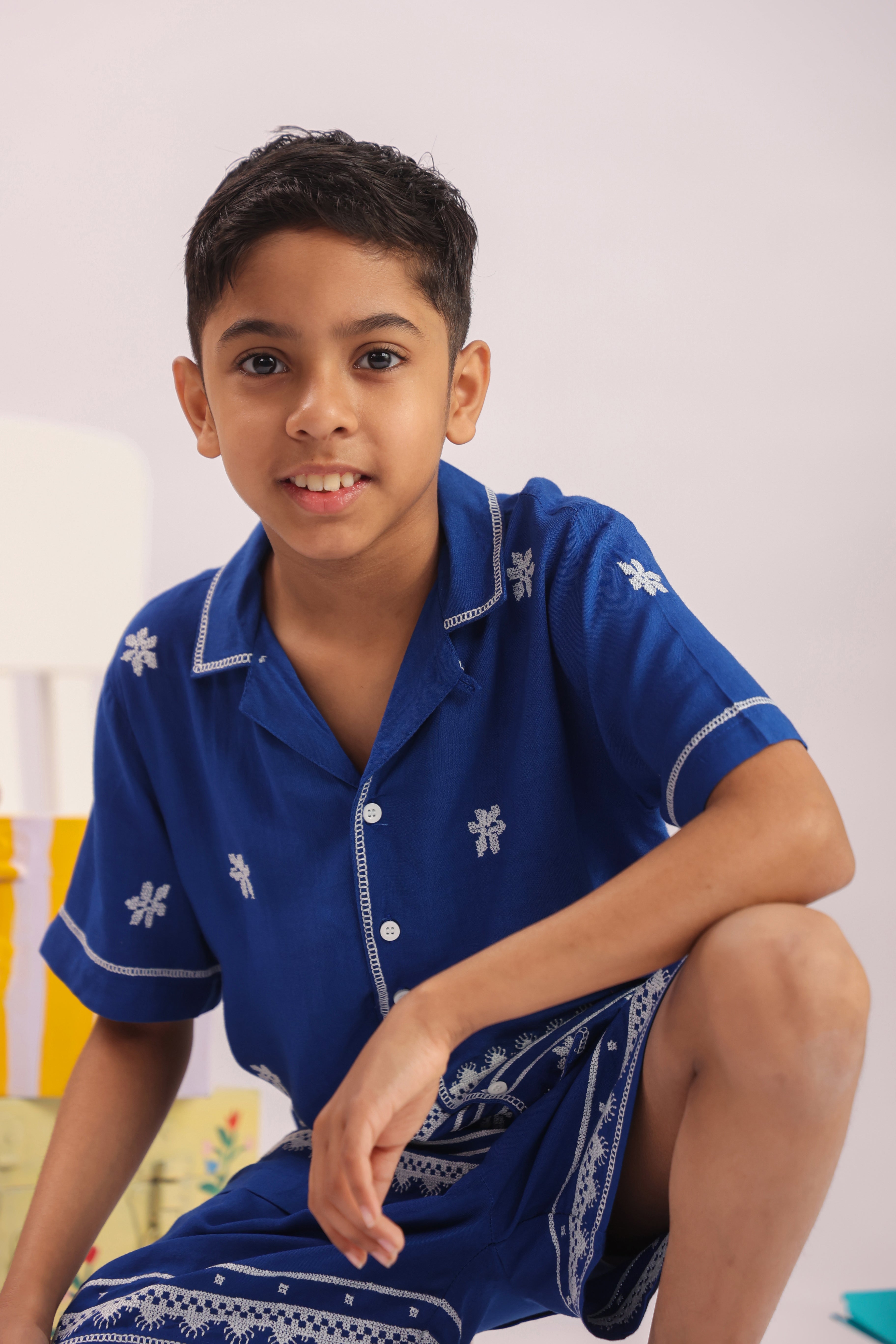 Boys Blue Floral Embroidered Cotton Shirt & Shorts Set