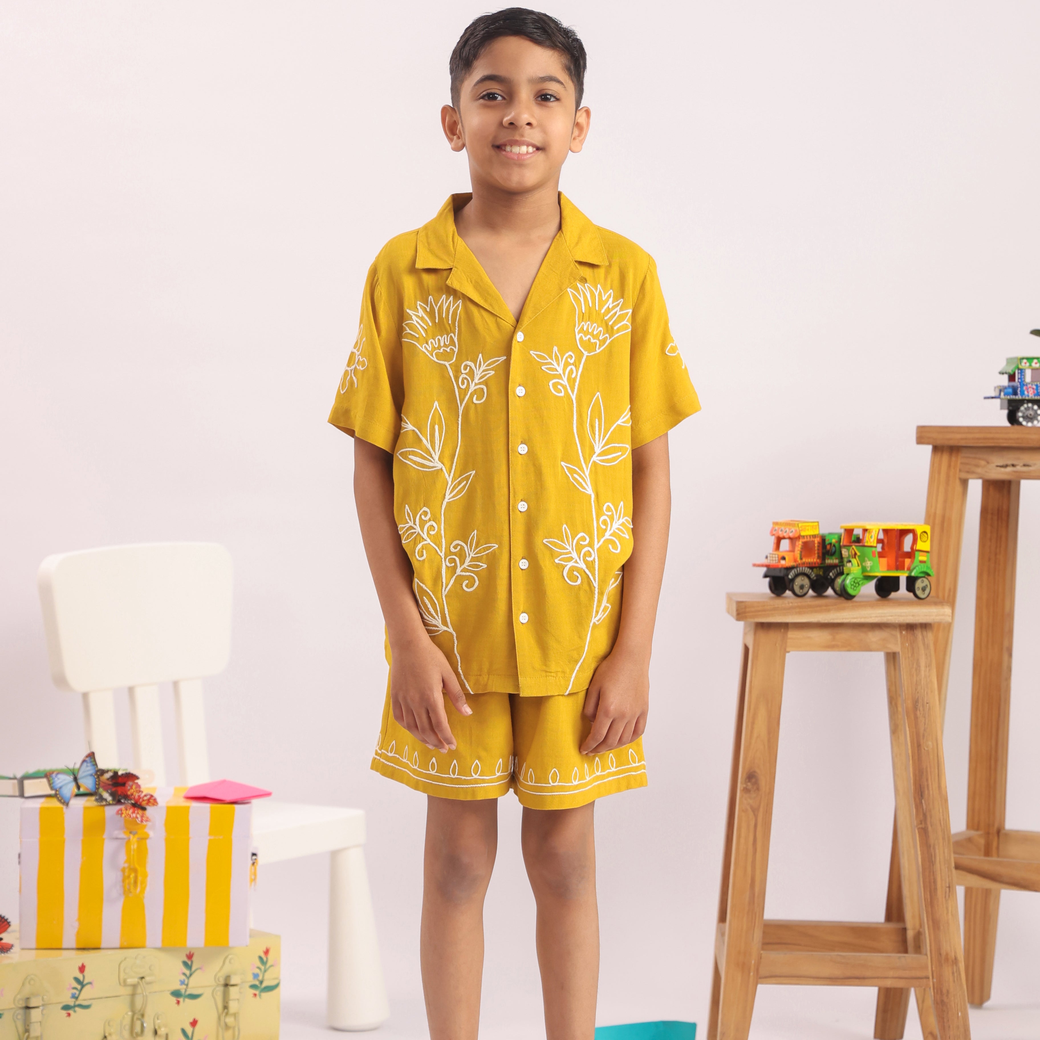 Boys Mustard Yellow Floral Embroidered Co-ord Set - Premium Skin-Friendly Kids Wear India - The Little Trunk