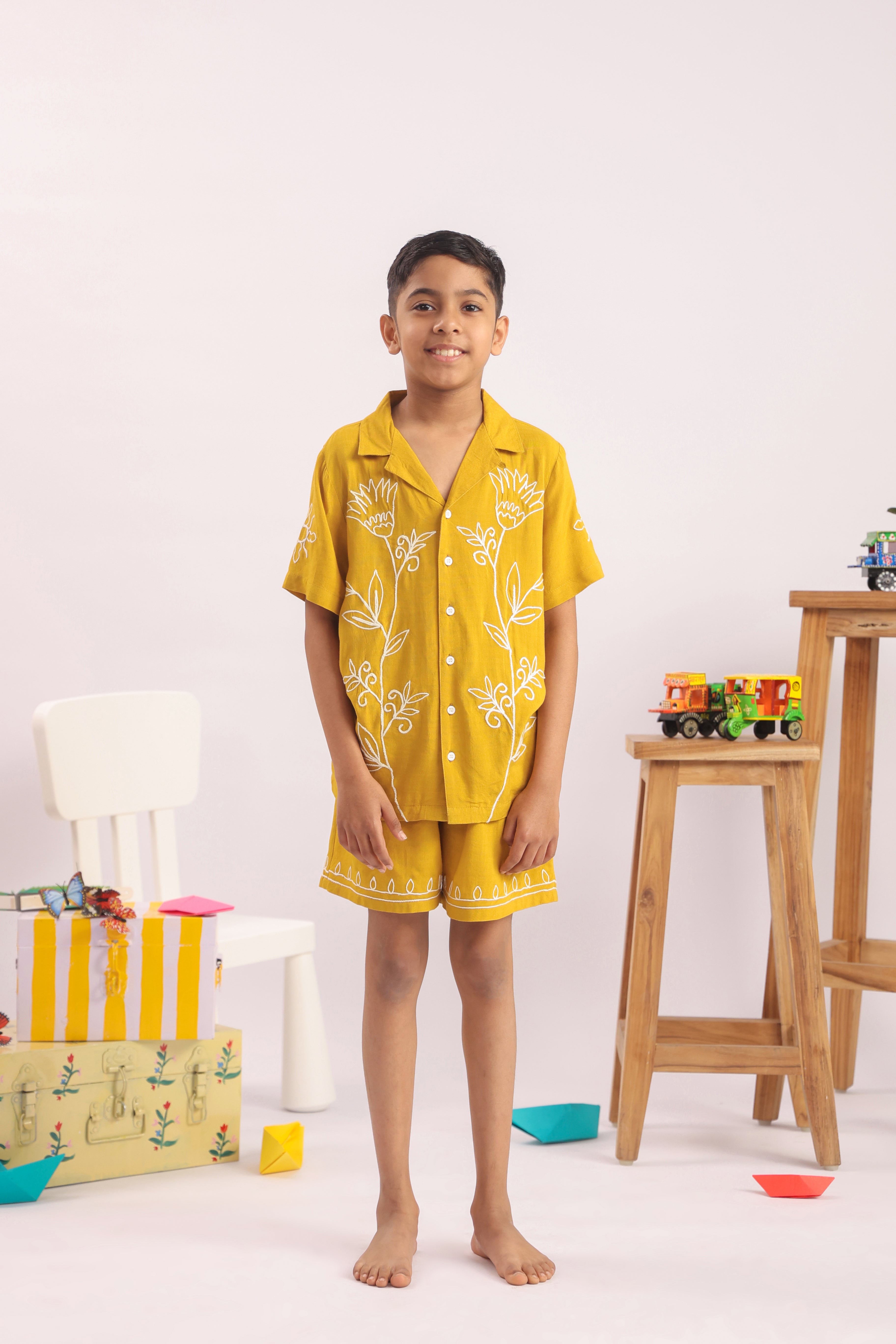Boys Mustard Yellow Floral Embroidered Co-ord Set - Premium Skin-Friendly Kids Wear India - The Little Trunk