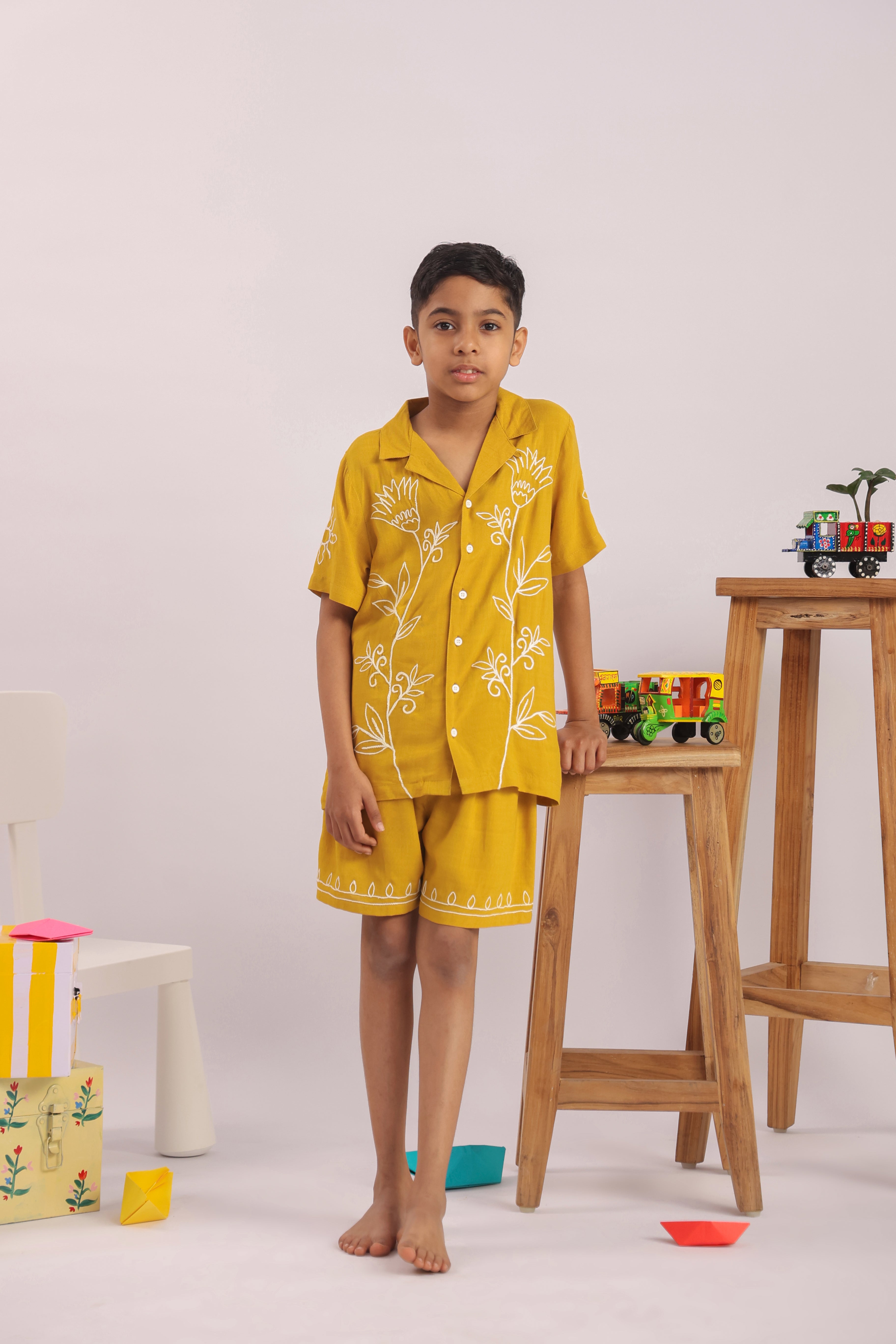 Boys Mustard Yellow Floral Embroidered Co-ord Set - Premium Skin-Friendly Kids Wear India - The Little Trunk