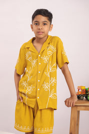 Boys Mustard Yellow Floral Embroidered Co-ord Set - Premium Skin-Friendly Kids Wear India - The Little Trunk