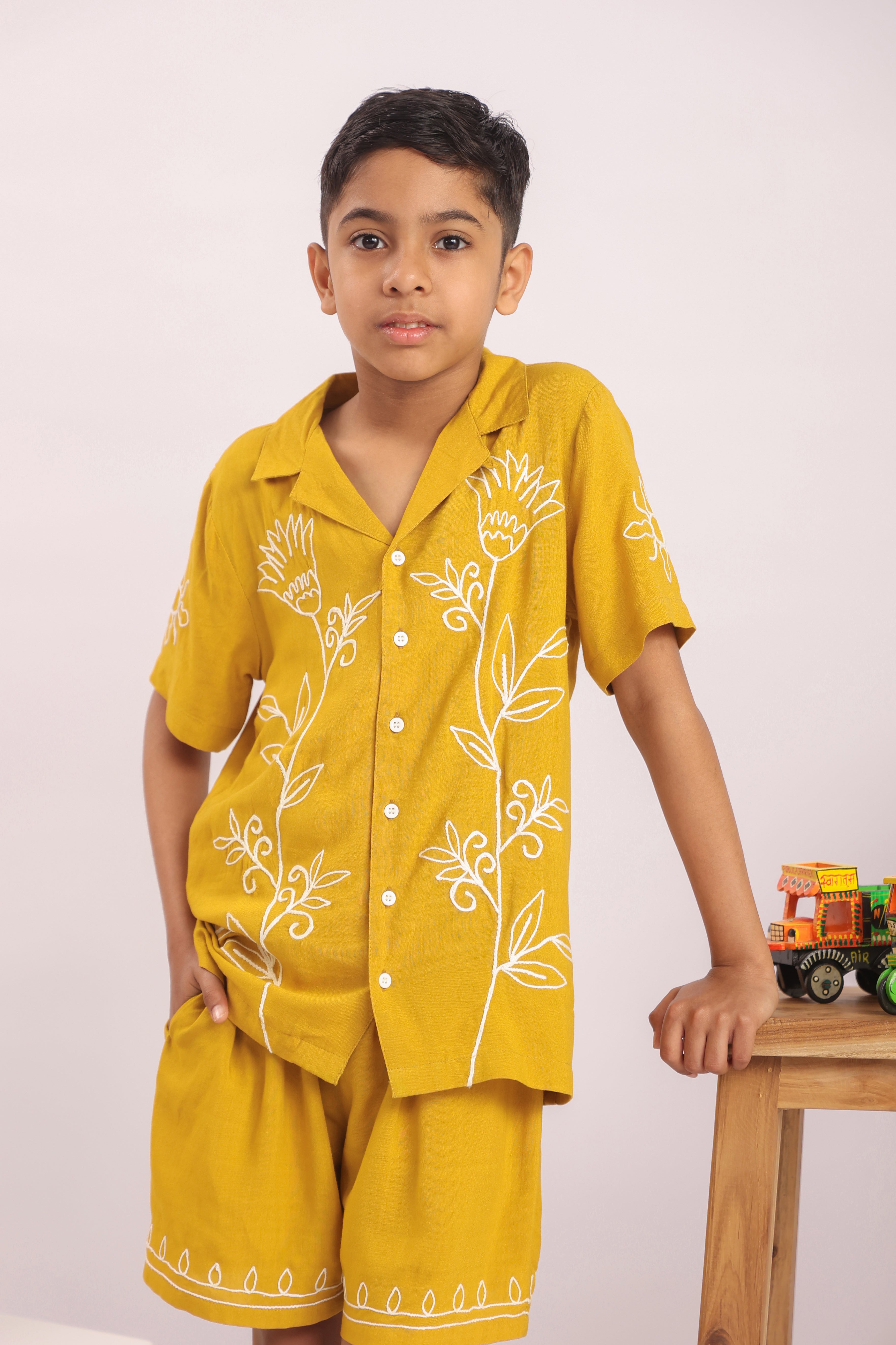 Boys Mustard Yellow Floral Embroidered Co-ord Set - Premium Skin-Friendly Kids Wear India - The Little Trunk
