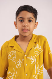 Boys Mustard Yellow Floral Embroidered Co-ord Set - Premium Skin-Friendly Kids Wear India - The Little Trunk