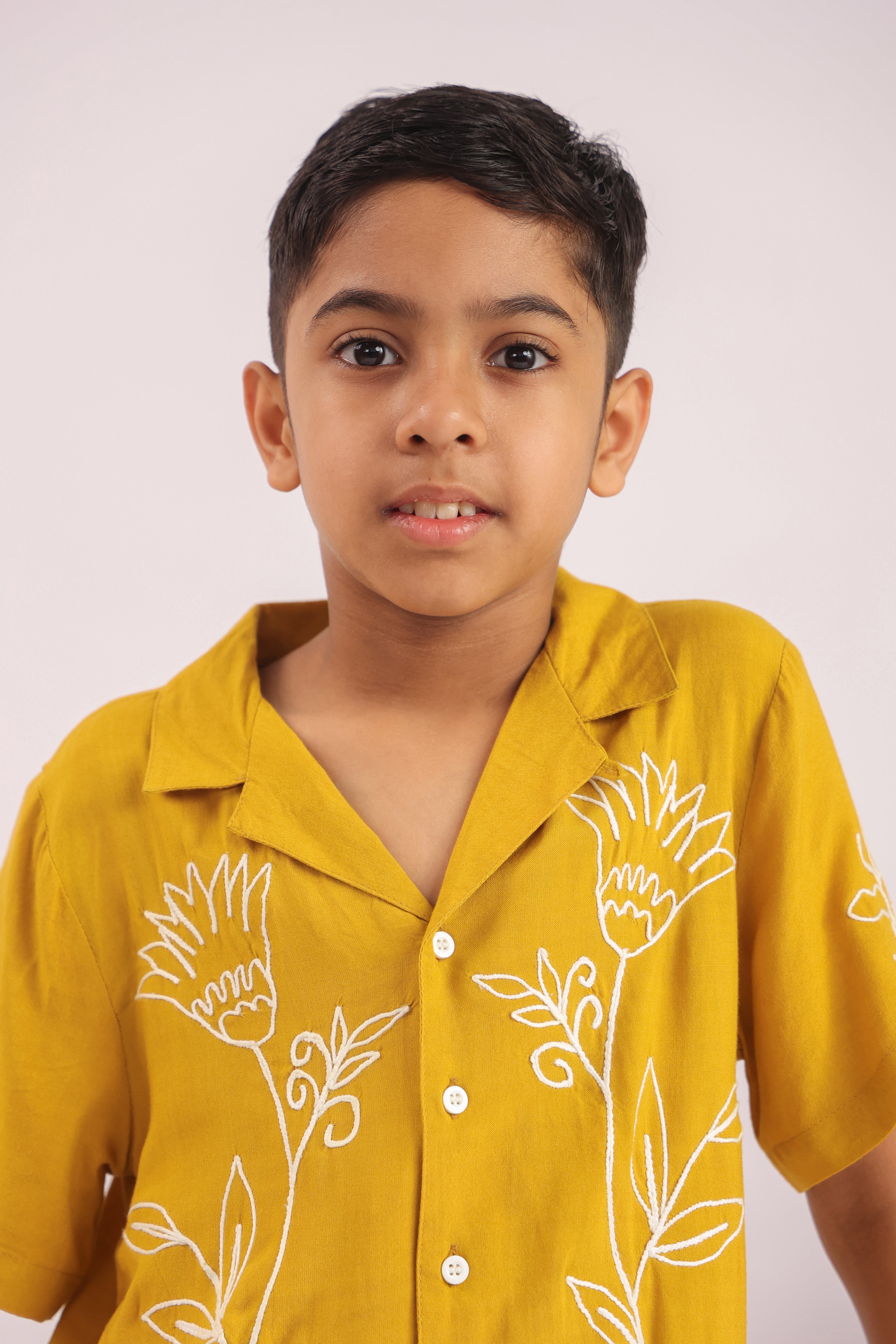 Boys Mustard Yellow Floral Embroidered Co-ord Set - Premium Skin-Friendly Kids Wear India - The Little Trunk