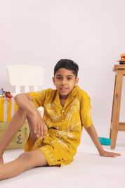 Boys Mustard Yellow Floral Embroidered Co-ord Set - Premium Skin-Friendly Kids Wear India - The Little Trunk