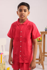 Boys Red Floral Appliqué Cotton Shirt & Shorts Set