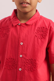 Boys Red Floral Appliqué Cotton Shirt & Shorts Set